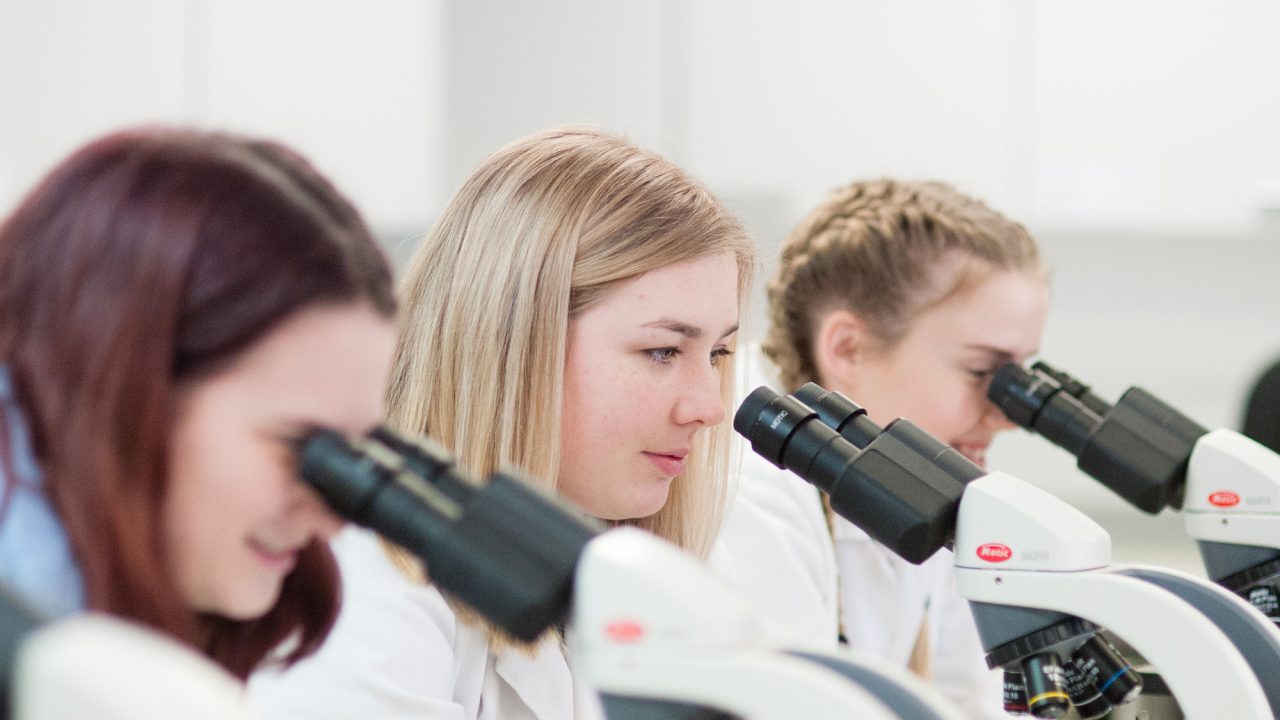 Students on Ecology and Environmental Science course looking through microscopes at Francis Close Hall campus