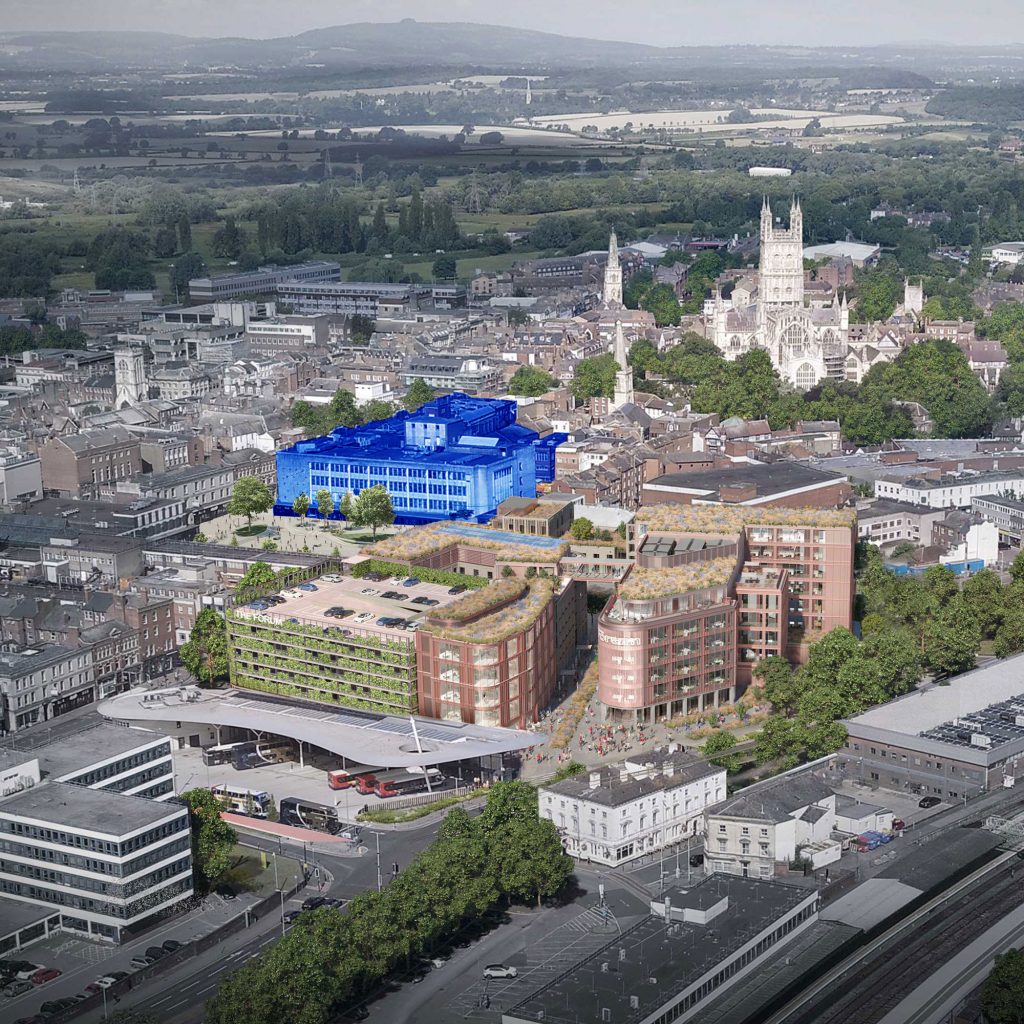 A view of Gloucester city centre with Debenhams building highlighted in blue