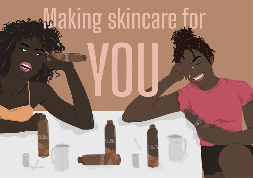 An illustration by student Holly McCann of two black women holding bottles of a hypothetical skincare brand for black women called Clowds