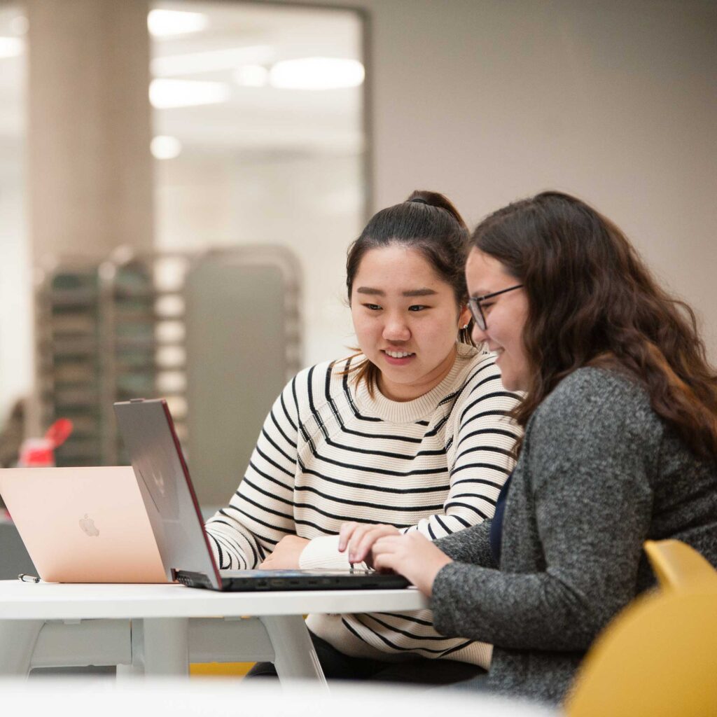 Two students look at a laptop screen together.