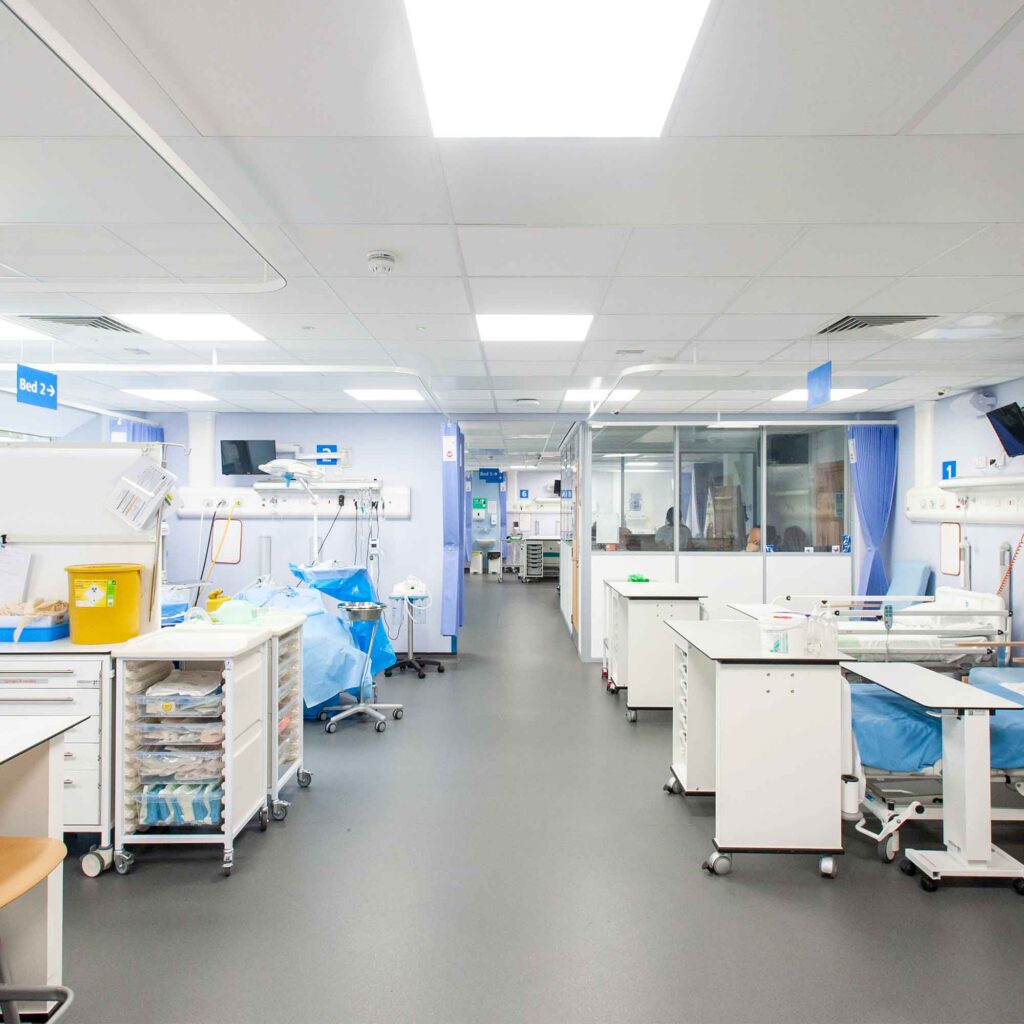 Mock hospital ward set up at Oxstalls campus.