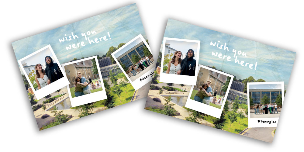Two Clearing VIP postcards with 'wish you were here' written on them. The postcards feature a photo of Oxstalls campus with three polaroid-style images of our students overlaid.