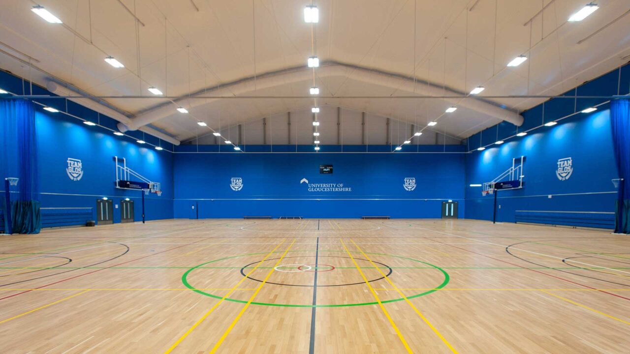 Indoor sports arena facilities at University of Gloucestershire.